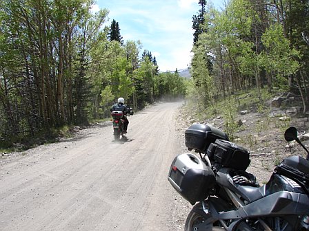 Heading down Boreas Pass in a cloak of Aspen Trees on either side. Ran into some Dual Sport Riders from Denver who frequent often.  Must be nice.
