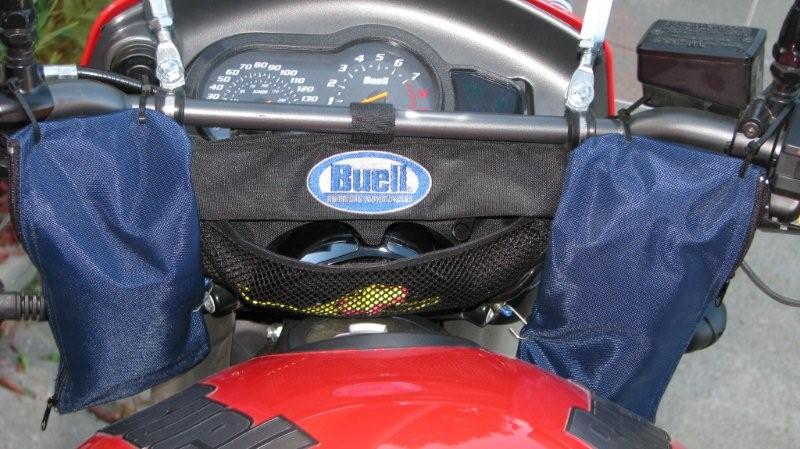 Storage pouches tied to handle bars