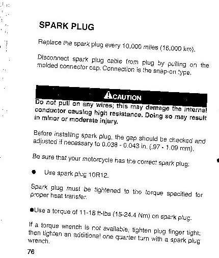 Spark plug spec-owners manual