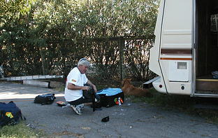 Paul and dog packing at pimpmobile