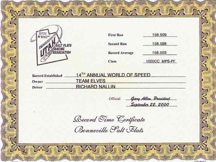 Land Speed Record Certificate