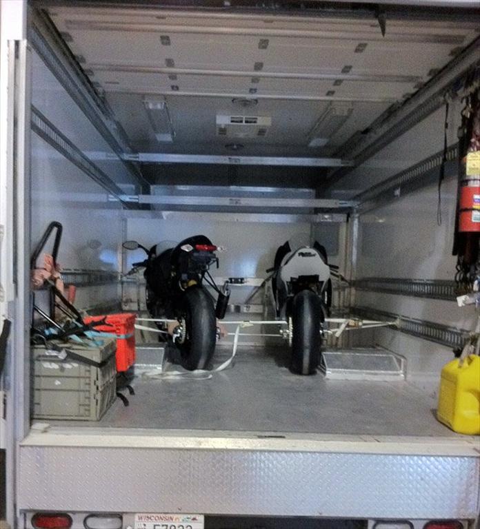 From Facebook, "Spy photo of the race 1125 and the 1190RS in the van on it's way to Indy for the big show! Thank you to everyone for your faith and support! It's going to be an amazing year!"