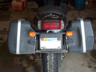 back of bike with bags mounted, notice the turn signals fit in the bag reliefs