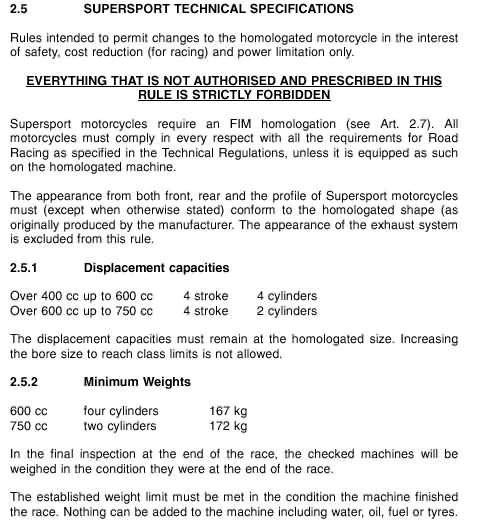 FIM World Supersport minimum Weights